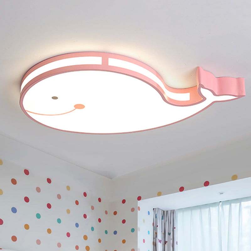 Whale Kids Dorm Ceiling Flush Iron Cartoon LED Flush Mount Light in White/Pink/Blue with Acrylic Diffuser Pink Clearhalo 'Ceiling Lights' 'Close To Ceiling Lights' 'Close to ceiling' 'Flush mount' Lighting' 758089