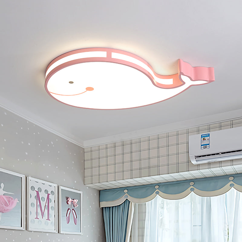 Whale Kids Dorm Ceiling Flush Iron Cartoon LED Flush Mount Light in White/Pink/Blue with Acrylic Diffuser Clearhalo 'Ceiling Lights' 'Close To Ceiling Lights' 'Close to ceiling' 'Flush mount' Lighting' 758090