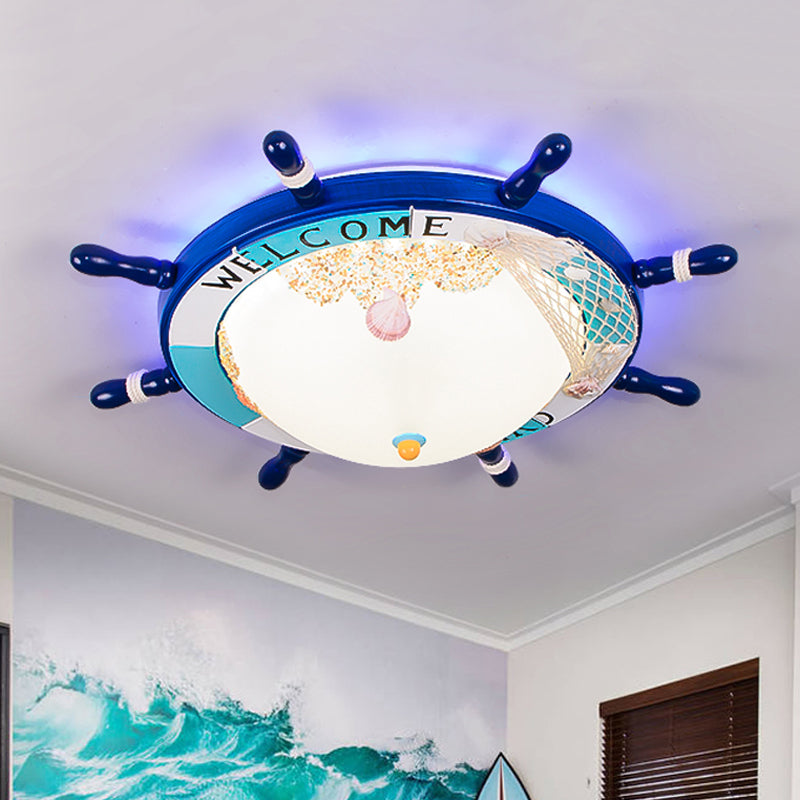 Wood Ship Rudder Flush Mount Mediterranean Blue/Light-Blue LED Ceiling Light with Dome Matte Glass Shade and Marine Element Blue Clearhalo 'Ceiling Lights' 'Close To Ceiling Lights' 'Close to ceiling' 'Flush mount' Lighting' 758129