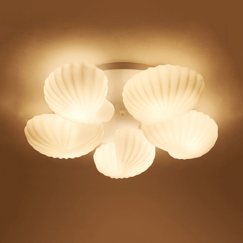 White Glass Scallop Shell Flush Light Nautical 3/5-Light Flush Mount Ceiling Lighting for Living Room Clearhalo 'Ceiling Lights' 'Close To Ceiling Lights' 'Close to ceiling' 'Flush mount' Lighting' 758323