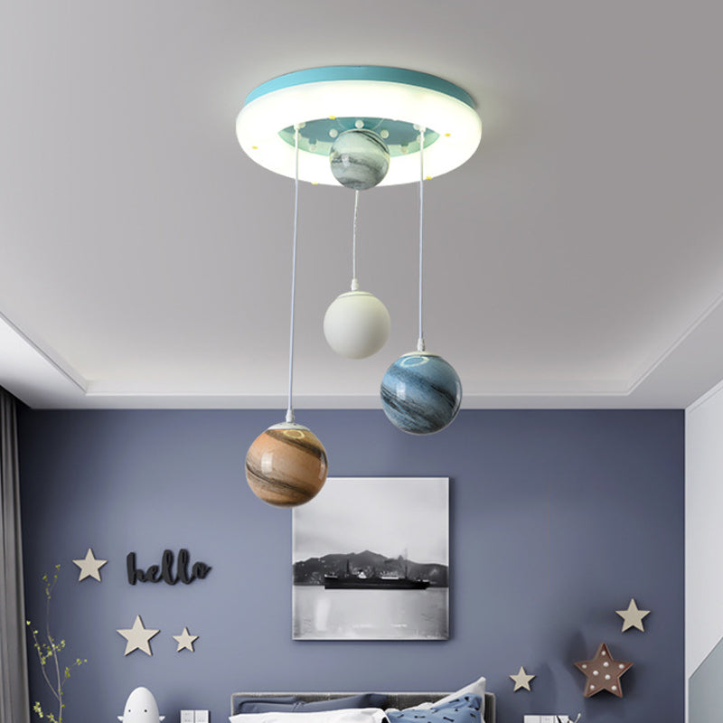 Stained Glass Planet Multi-Pendant Kids 4 Heads Blue Hanging Ceiling Light with Circle Glow Canopy Clearhalo 'Ceiling Lights' 'Pendant Lights' 'Pendants' Lighting' 758402