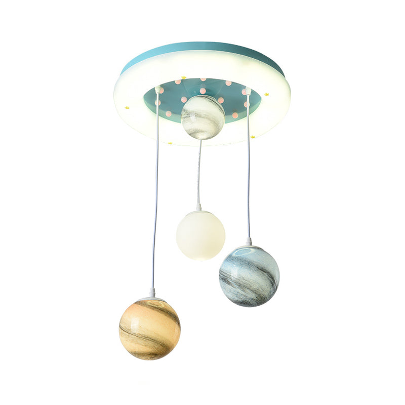 Stained Glass Planet Multi-Pendant Kids 4 Heads Blue Hanging Ceiling Light with Circle Glow Canopy Clearhalo 'Ceiling Lights' 'Pendant Lights' 'Pendants' Lighting' 758404