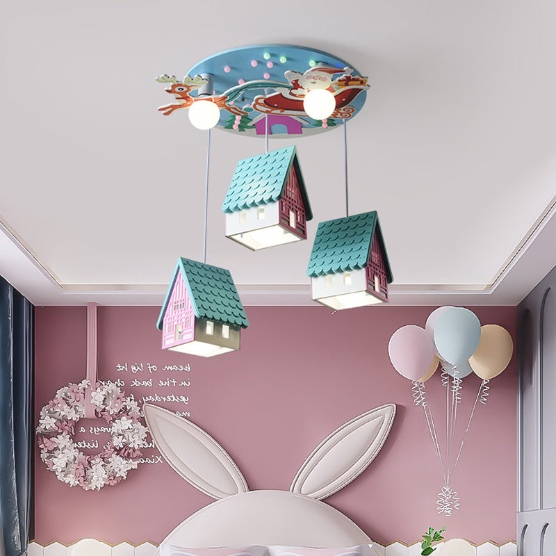 Blue Tile-Roof House Cluster Pendant Cartoon 5 Lights Wood Hanging Light Fixture for Kids Bedroom Clearhalo 'Ceiling Lights' 'Pendant Lights' 'Pendants' Lighting' 758407