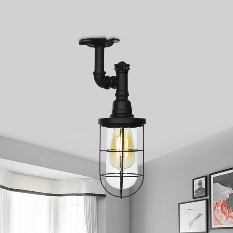 1-Head Caged Semi Flushmount Antiqued Black Iron Flush Ceiling Lamp with Clear Glass Shade Clearhalo 'Ceiling Lights' 'Close To Ceiling Lights' 'Close to ceiling' 'Glass shade' 'Glass' 'Semi-flushmount' Lighting' 758415