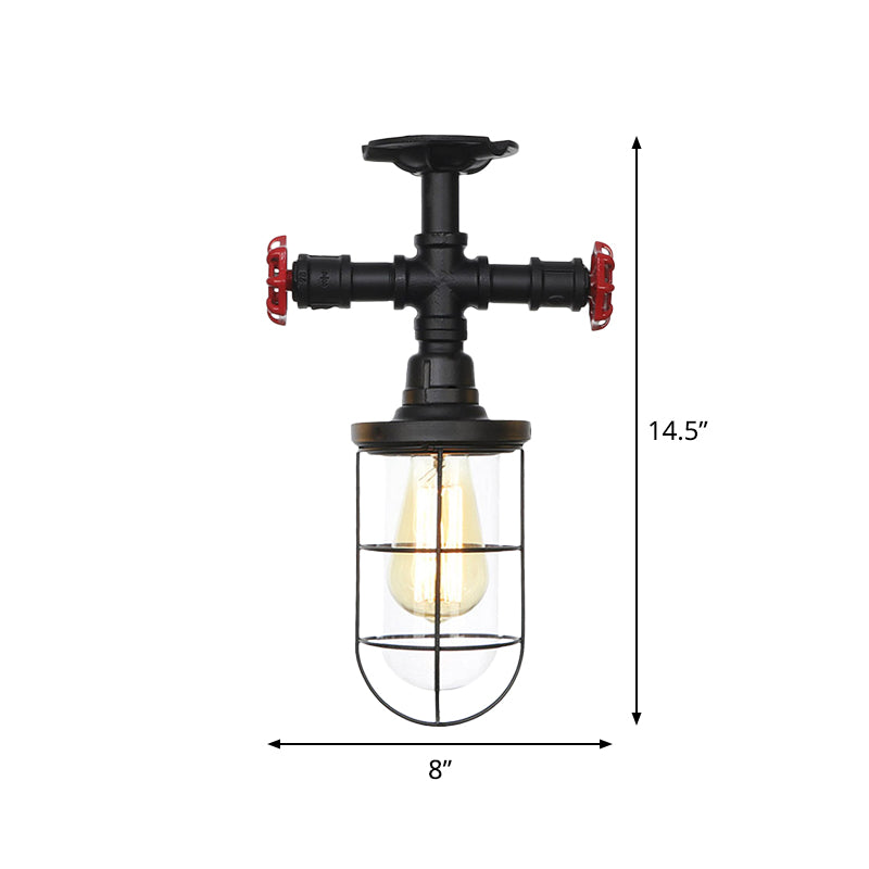 1-Bulb Clear Glass Semi Flush Mount Industrial Black Cage Balcony Ceiling Flush with Valve Deco Clearhalo 'Ceiling Lights' 'Close To Ceiling Lights' 'Close to ceiling' 'Glass shade' 'Glass' 'Semi-flushmount' Lighting' 758447