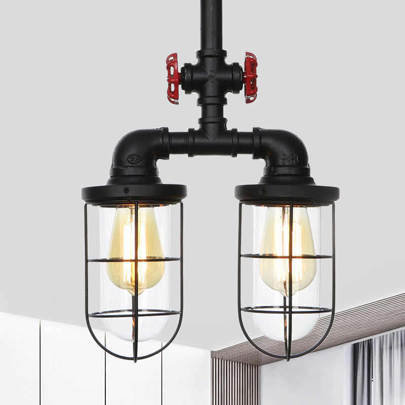 2-Bulbs Flushmount Farmhouse Wire Cage Clear Glass Semi-Flush Ceiling Fixture in Black Black B Clearhalo 'Ceiling Lights' 'Close To Ceiling Lights' 'Close to ceiling' 'Glass shade' 'Glass' 'Semi-flushmount' Lighting' 758457