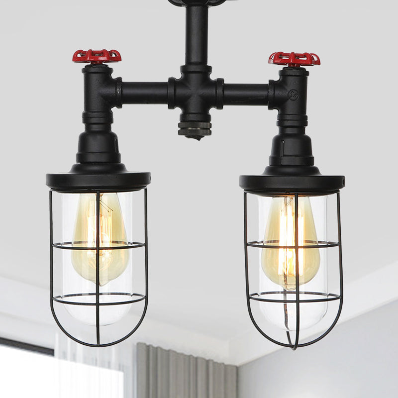 2-Bulbs Flushmount Farmhouse Wire Cage Clear Glass Semi-Flush Ceiling Fixture in Black Black C Clearhalo 'Ceiling Lights' 'Close To Ceiling Lights' 'Close to ceiling' 'Glass shade' 'Glass' 'Semi-flushmount' Lighting' 758462