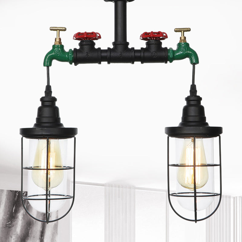 Clear Glass Black Semi Flush Lighting Caged 2 Heads Vintage Flush Mount Ceiling Lamp Black C Clearhalo 'Ceiling Lights' 'Close To Ceiling Lights' 'Close to ceiling' 'Glass shade' 'Glass' 'Semi-flushmount' Lighting' 758476