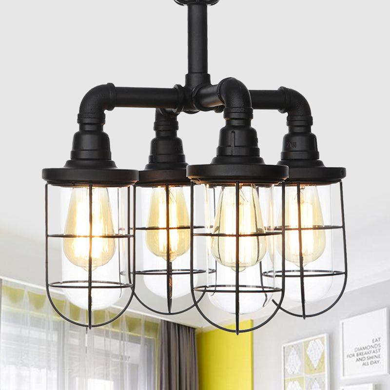 Black 3/4-Light Semi Mount Lighting Industrial Clear Glass Wire Cage Flush Lamp Fixture Black B Clearhalo 'Ceiling Lights' 'Close To Ceiling Lights' 'Close to ceiling' 'Glass shade' 'Glass' 'Semi-flushmount' Lighting' 758485