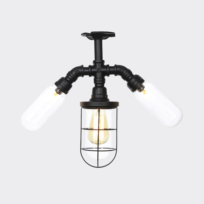 Antiqued Ball/Capsule Semi-Flush Ceiling Light 3 Bulbs Clear Glass Flush Mounted Lamp in Black with Cage Clearhalo 'Ceiling Lights' 'Close To Ceiling Lights' 'Close to ceiling' 'Glass shade' 'Glass' 'Semi-flushmount' Lighting' 758502