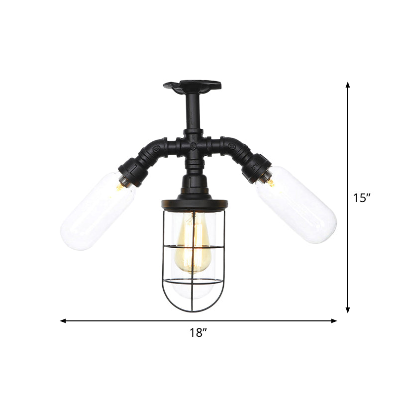 Antiqued Ball/Capsule Semi-Flush Ceiling Light 3 Bulbs Clear Glass Flush Mounted Lamp in Black with Cage Clearhalo 'Ceiling Lights' 'Close To Ceiling Lights' 'Close to ceiling' 'Glass shade' 'Glass' 'Semi-flushmount' Lighting' 758503