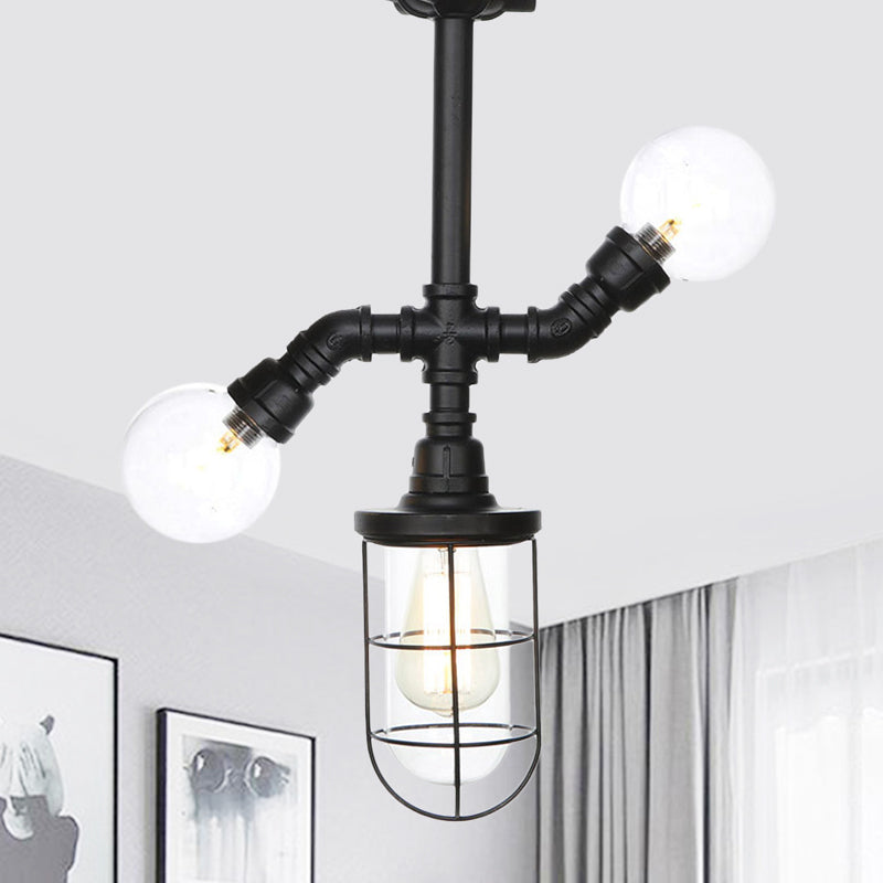 Antiqued Ball/Capsule Semi-Flush Ceiling Light 3 Bulbs Clear Glass Flush Mounted Lamp in Black with Cage Black C Clearhalo 'Ceiling Lights' 'Close To Ceiling Lights' 'Close to ceiling' 'Glass shade' 'Glass' 'Semi-flushmount' Lighting' 758509