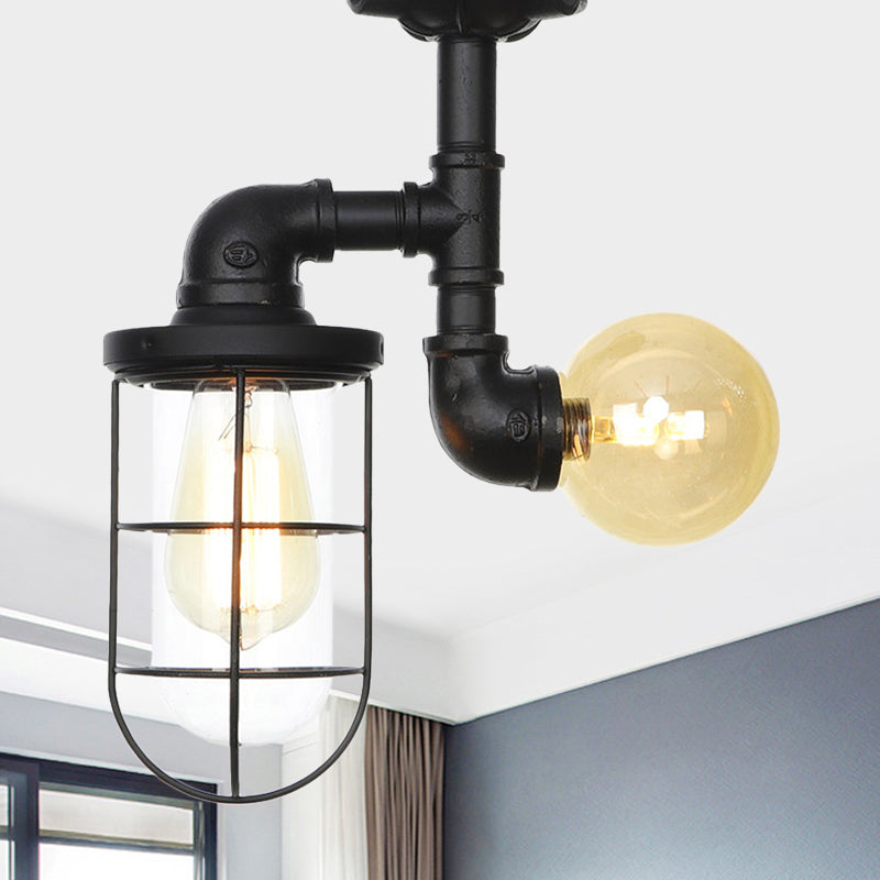 Clear Glass Orb/Capsule Semi Flush Vintage 2 Lights Corridor Ceiling Mounted Light in Black with Cage Black B Clearhalo 'Ceiling Lights' 'Close To Ceiling Lights' 'Close to ceiling' 'Glass shade' 'Glass' 'Semi-flushmount' Lighting' 758518