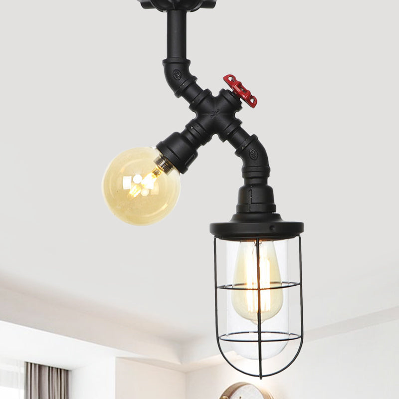 Clear Glass Orb/Capsule Semi Flush Vintage 2 Lights Corridor Ceiling Mounted Light in Black with Cage Black D Clearhalo 'Ceiling Lights' 'Close To Ceiling Lights' 'Close to ceiling' 'Glass shade' 'Glass' 'Semi-flushmount' Lighting' 758528