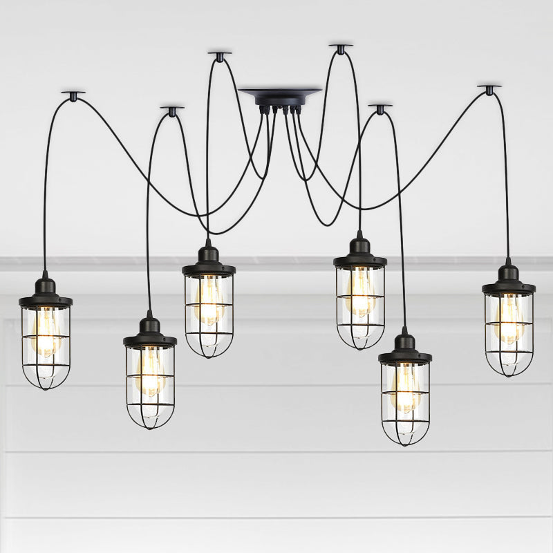 2/3/6-Bulb Clear Glass Multi Ceiling Light Industrial Black Caged Restaurant Swag Pendulum Lamp 6 Black Clearhalo 'Ceiling Lights' 'Glass shade' 'Glass' 'Industrial Pendants' 'Industrial' 'Middle Century Pendants' 'Pendant Lights' 'Pendants' 'Tiffany' Lighting' 758693