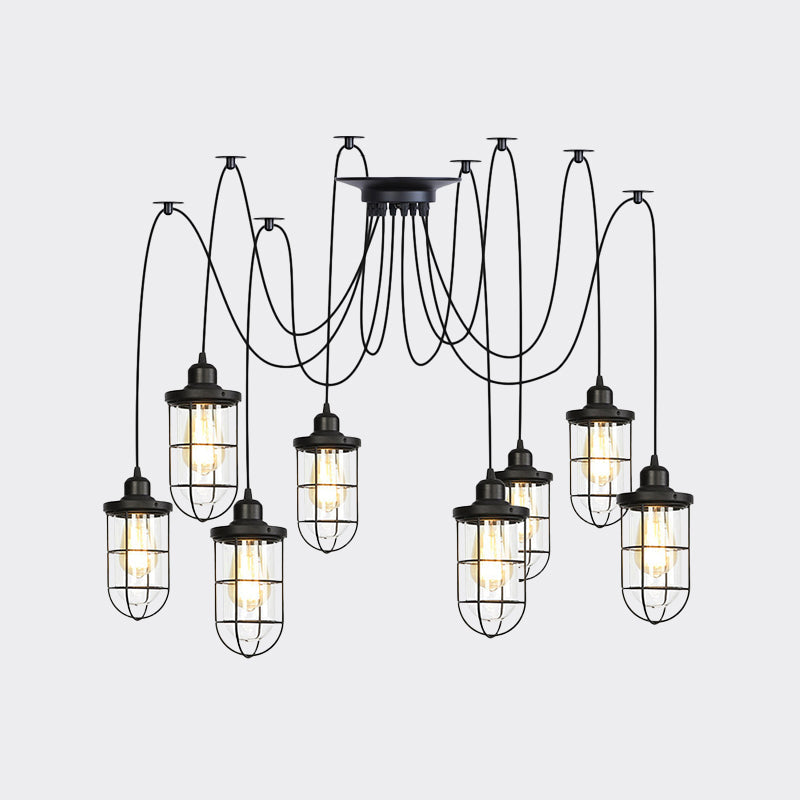 2/3/6-Bulb Clear Glass Multi Ceiling Light Industrial Black Caged Restaurant Swag Pendulum Lamp Clearhalo 'Ceiling Lights' 'Glass shade' 'Glass' 'Industrial Pendants' 'Industrial' 'Middle Century Pendants' 'Pendant Lights' 'Pendants' 'Tiffany' Lighting' 758701