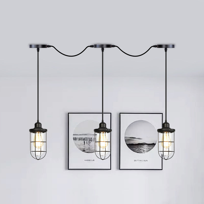 Black 3/5/7 Heads Multi Light Chandelier Farmhouse Clear Glass Cage Tandem Ceiling Lamp 3 Black Clearhalo 'Ceiling Lights' 'Close To Ceiling Lights' 'Glass shade' 'Glass' 'Industrial Pendants' 'Industrial' 'Middle Century Pendants' 'Pendant Lights' 'Pendants' 'Tiffany' Lighting' 758703