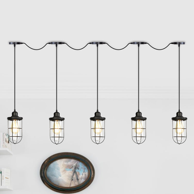 Black 3/5/7 Heads Multi Light Chandelier Farmhouse Clear Glass Cage Tandem Ceiling Lamp 5 Black Clearhalo 'Ceiling Lights' 'Close To Ceiling Lights' 'Glass shade' 'Glass' 'Industrial Pendants' 'Industrial' 'Middle Century Pendants' 'Pendant Lights' 'Pendants' 'Tiffany' Lighting' 758707