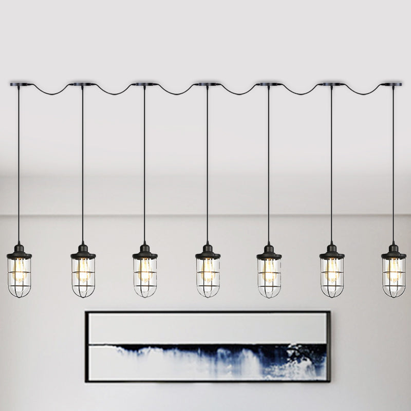 Black 3/5/7 Heads Multi Light Chandelier Farmhouse Clear Glass Cage Tandem Ceiling Lamp 7 Black Clearhalo 'Ceiling Lights' 'Close To Ceiling Lights' 'Glass shade' 'Glass' 'Industrial Pendants' 'Industrial' 'Middle Century Pendants' 'Pendant Lights' 'Pendants' 'Tiffany' Lighting' 758712