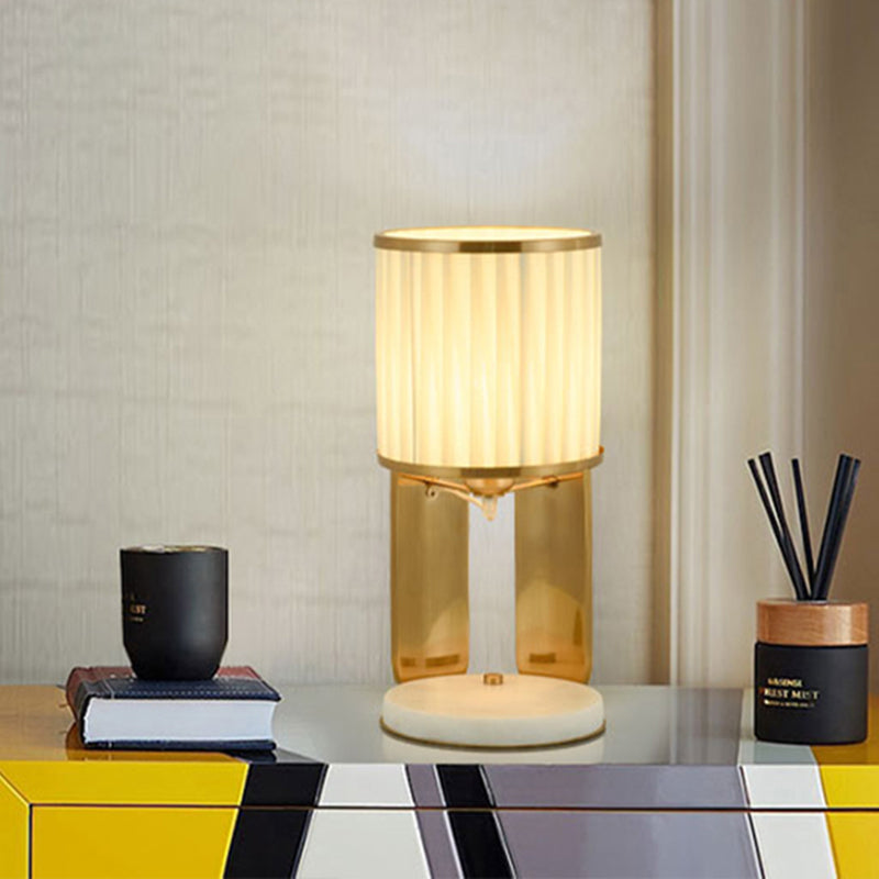 Fabric Barrel Nightstand Light Modernism Single Head Gold Night Lamp for Bedside with Marble Base Gold Clearhalo 'Lamps' 'Table Lamps' Lighting' 759181