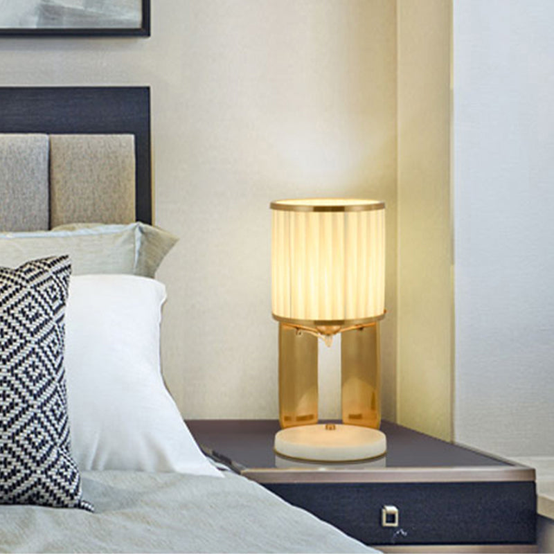 Fabric Barrel Nightstand Light Modernism Single Head Gold Night Lamp for Bedside with Marble Base Clearhalo 'Lamps' 'Table Lamps' Lighting' 759182