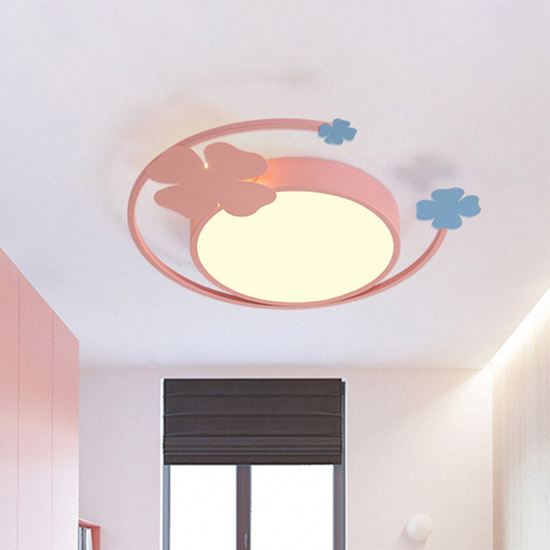 Circle Thin LED Flush Light Fixture Macaron Iron Pink Ceiling Mounted Lighting in Warm/White Light with Clover Detail Pink Clearhalo 'Ceiling Lights' 'Close To Ceiling Lights' 'Close to ceiling' 'Flush mount' Lighting' 759374