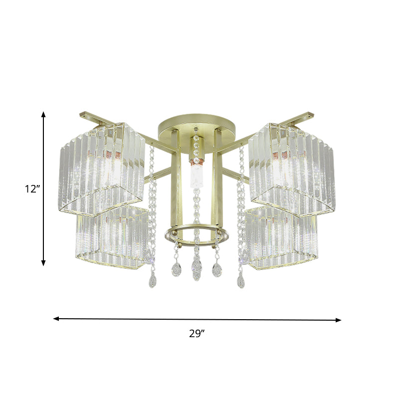 5/7 Bulbs Semi-Flush Ceiling Light Modern Bedroom Flushmount Lamp with Cuboid Clear Crystal Block Shade Clearhalo 'Ceiling Lights' 'Close To Ceiling Lights' 'Close to ceiling' 'Semi-flushmount' Lighting' 759520