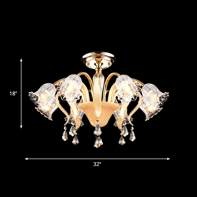 Flower Bedroom Semi Flush Mount Contemporary Crystal 8 Heads Gold Close to Ceiling Lamp Clearhalo 'Ceiling Lights' 'Close To Ceiling Lights' 'Close to ceiling' 'Semi-flushmount' Lighting' 759572