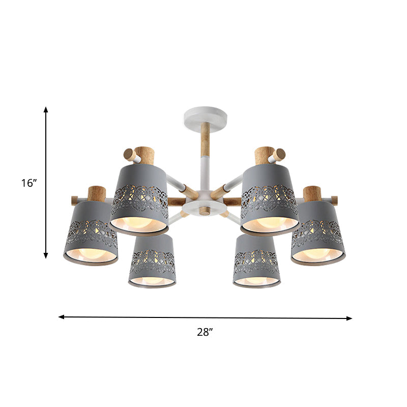 Macaron Tapered Hollowed Out Semi Flush Iron 6 Heads Living Room Flush Mount Ceiling Chandelier in Grey with Wood Accent Clearhalo 'Ceiling Lights' 'Close To Ceiling Lights' 'Close to ceiling' 'Semi-flushmount' Lighting' 759830