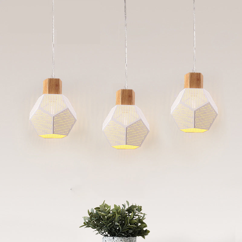 Iron Faceted Mesh Bottle Pendant Lamp Nordic 3-Bulb White and Wood Multi Light Ceiling Light over Table White Clearhalo 'Ceiling Lights' 'Modern Pendants' 'Modern' 'Pendant Lights' 'Pendants' Lighting' 759965