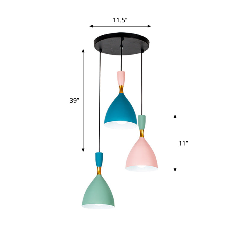 Macaron Cluster Funnel Pendant Aluminum 3-Light Loft House Ceiling Suspension Lamp in Green-Pink-Blue Clearhalo 'Ceiling Lights' 'Modern Pendants' 'Modern' 'Pendant Lights' 'Pendants' Lighting' 759976