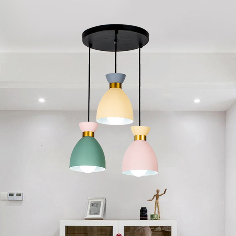 Macaron 3 Light Cluster Pendant Green-Yellow-Pink Cup Hanging Light Fixture with Aluminum Shade Green-Yellow-Pink Clearhalo 'Ceiling Lights' 'Modern Pendants' 'Modern' 'Pendant Lights' 'Pendants' Lighting' 759977