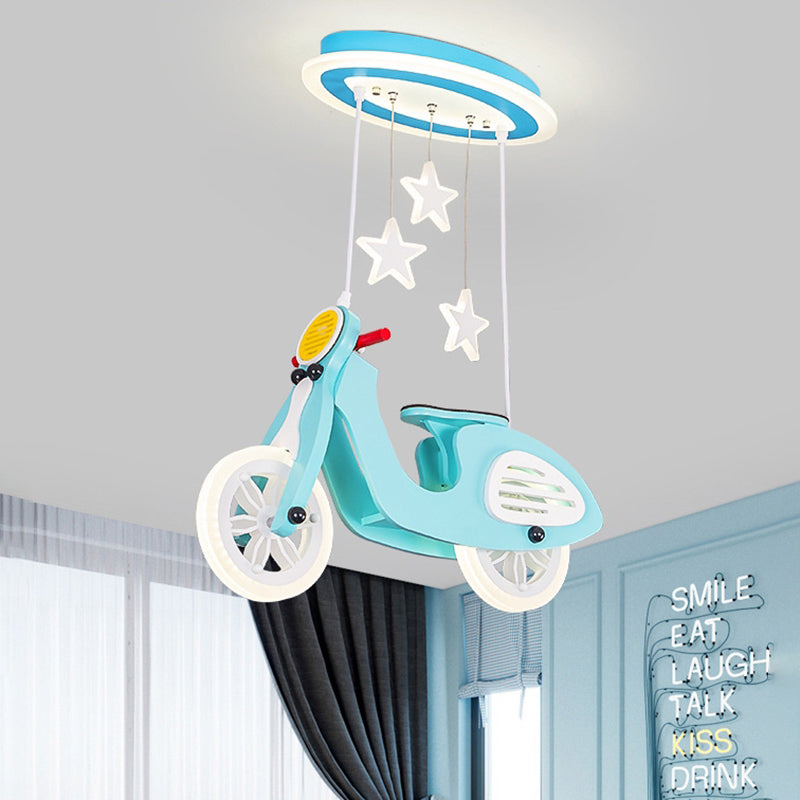 Wood Suspended Motorcycle Ceiling Light Cartoon Blue/Pink LED Flush Mount Lighting with Acrylic Shade Clearhalo 'Ceiling Lights' 'Close To Ceiling Lights' 'Close to ceiling' 'Flush mount' Lighting' 760318