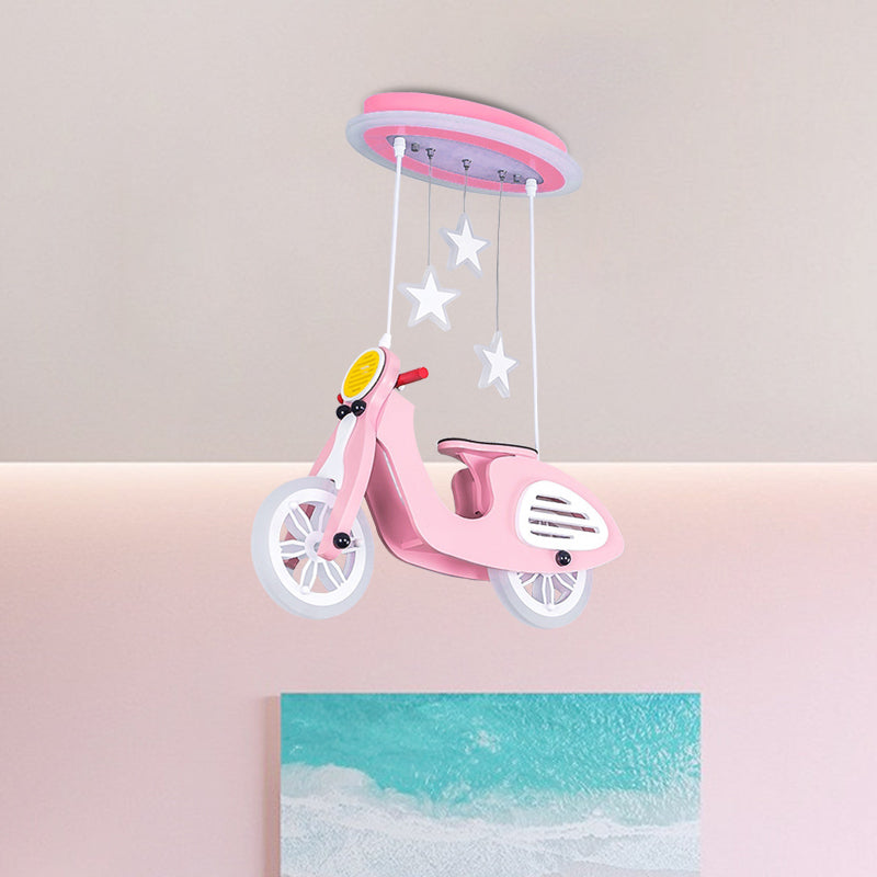 Wood Suspended Motorcycle Ceiling Light Cartoon Blue/Pink LED Flush Mount Lighting with Acrylic Shade Clearhalo 'Ceiling Lights' 'Close To Ceiling Lights' 'Close to ceiling' 'Flush mount' Lighting' 760322