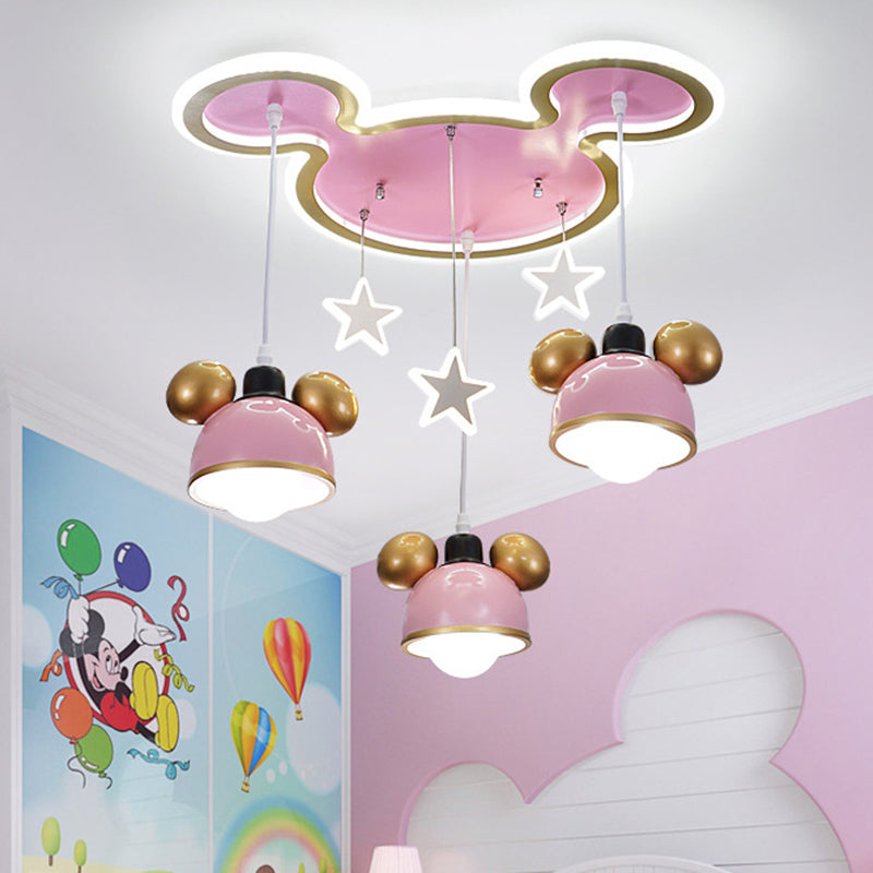 Resin Bear Head Flush Mounted Lamp Kids 3 Heads Pink and Brass Ceiling Fixture with Suspended Lampshade Pink Clearhalo 'Ceiling Lights' 'Close To Ceiling Lights' 'Close to ceiling' 'Flush mount' Lighting' 760395