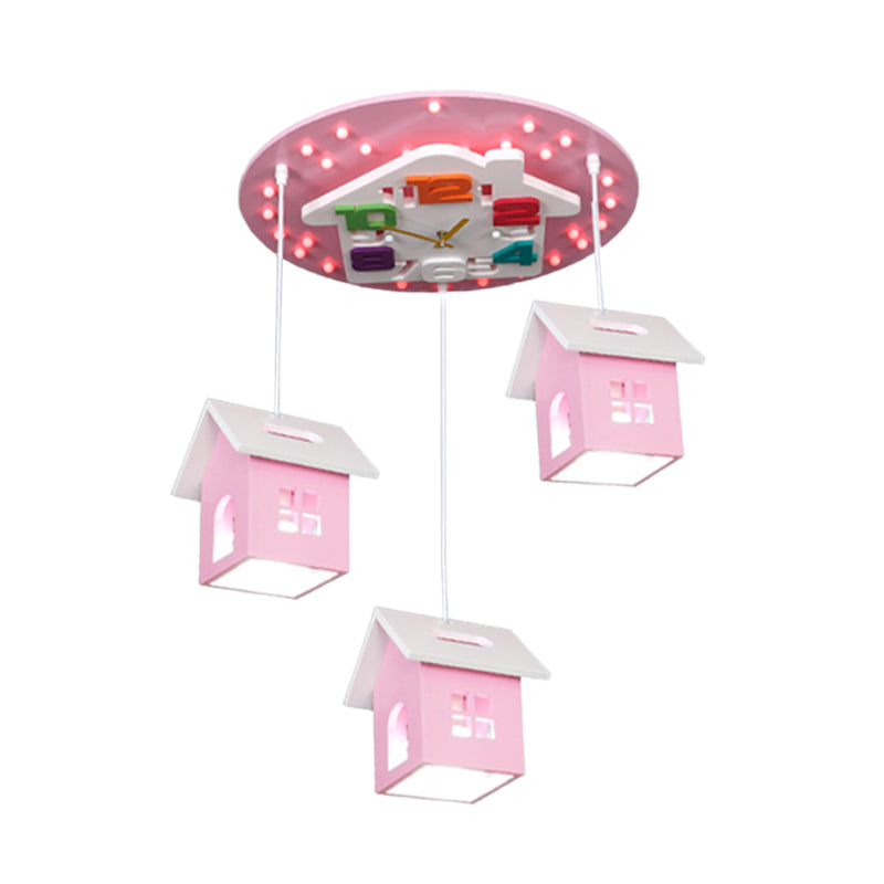 Wood Draping House Ceiling Light Cartoon 3 Bulbs LED Flush-Mount Light Fixture in Pink/Blue Clearhalo 'Ceiling Lights' 'Close To Ceiling Lights' 'Close to ceiling' 'Flush mount' Lighting' 760437