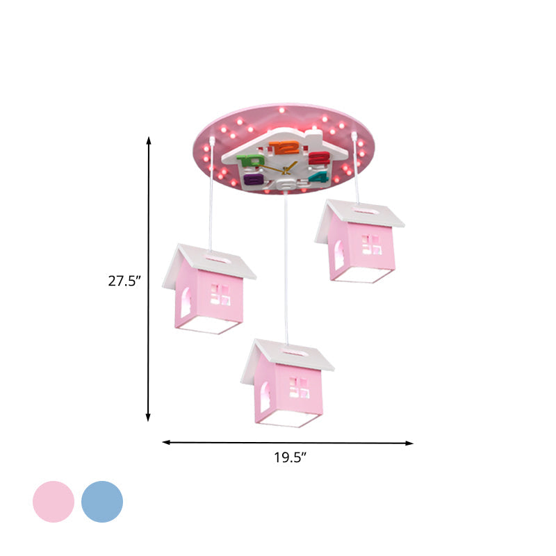 Wood Draping House Ceiling Light Cartoon 3 Bulbs LED Flush-Mount Light Fixture in Pink/Blue Clearhalo 'Ceiling Lights' 'Close To Ceiling Lights' 'Close to ceiling' 'Flush mount' Lighting' 760439