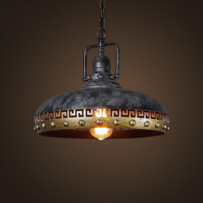 Antiqued Bowl Down Lighting 1-Light Metal Hanging Lamp Kit in Black with Rotatable Handle Clearhalo 'Art Deco Pendants' 'Black' 'Cast Iron' 'Ceiling Lights' 'Ceramic' 'Crystal' 'Industrial Pendants' 'Industrial' 'Metal' 'Middle Century Pendants' 'Pendant Lights' 'Pendants' 'Rustic Pendants' 'Tiffany' Lighting' 760611