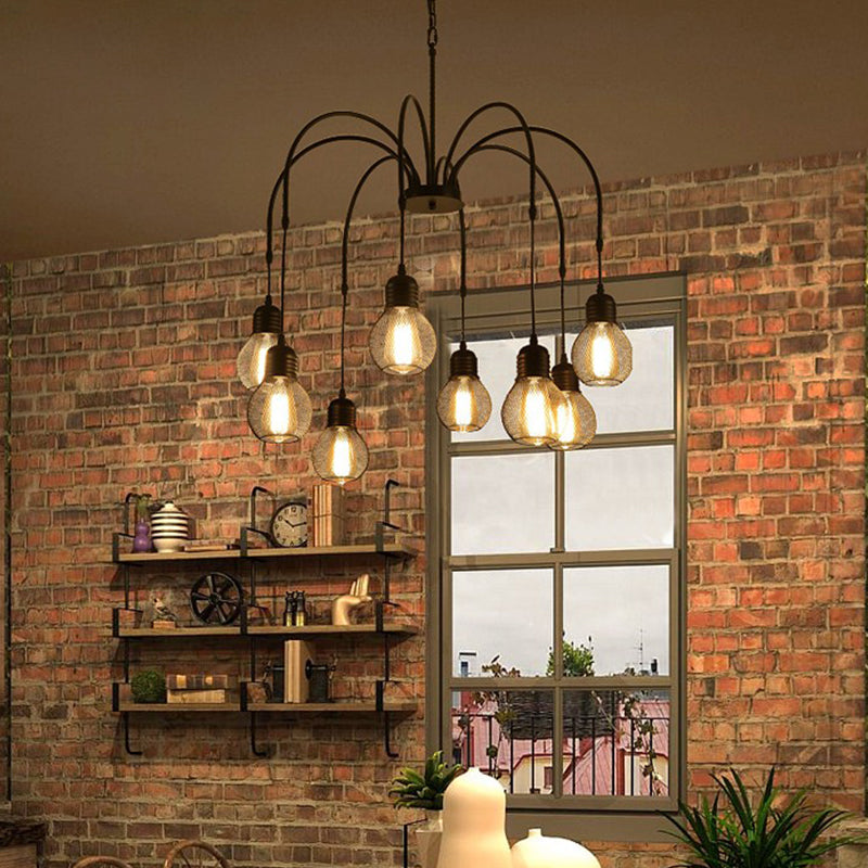 Antiqued Bulb Mesh Chandelier Light 8/12/18-Light Metallic Pendulum Lamp in Black with Wicker Design 8 Black Clearhalo 'Cast Iron' 'Ceiling Lights' 'Chandeliers' 'Industrial Chandeliers' 'Industrial' 'Metal' 'Middle Century Chandeliers' 'Rustic Chandeliers' 'Tiffany' Lighting' 760721