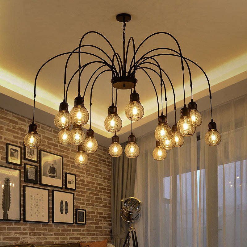 Antiqued Bulb Mesh Chandelier Light 8/12/18-Light Metallic Pendulum Lamp in Black with Wicker Design 18 Black Clearhalo 'Cast Iron' 'Ceiling Lights' 'Chandeliers' 'Industrial Chandeliers' 'Industrial' 'Metal' 'Middle Century Chandeliers' 'Rustic Chandeliers' 'Tiffany' Lighting' 760730