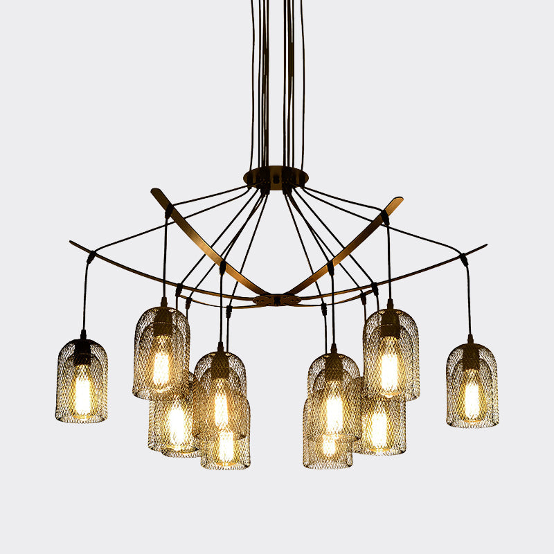 Bell Mesh Restaurant Chandelier Lighting Rustic Iron 6/12 Bulbs Black Hanging Ceiling Lamp Clearhalo 'Cast Iron' 'Ceiling Lights' 'Chandeliers' 'Industrial Chandeliers' 'Industrial' 'Metal' 'Middle Century Chandeliers' 'Rustic Chandeliers' 'Tiffany' Lighting' 760760