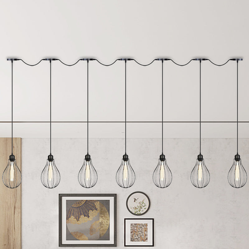 3/5/7-Bulb Multi Light Pendant Chandelier Industrial Pear Cage Iron Hanging Light Kit in Black 7 Black Clearhalo 'Art Deco Pendants' 'Black' 'Cast Iron' 'Ceiling Lights' 'Ceramic' 'Crystal' 'Industrial Pendants' 'Industrial' 'Metal' 'Middle Century Pendants' 'Pendant Lights' 'Pendants' 'Rustic Pendants' 'Tiffany' Lighting' 760771