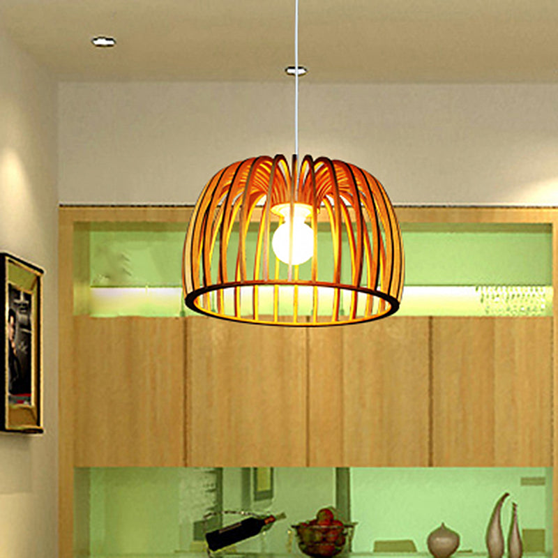 Beige Bowl Frame Down Lighting Asia 1 Bulb Wood Strip Hanging Ceiling Lamp for Living Room Wood Clearhalo 'Ceiling Lights' 'Pendant Lights' 'Pendants' Lighting' 762560_6a3b513b-2779-464d-bc4c-ac54f1130626