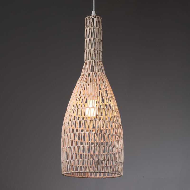 Khaki Woven Bottle Ceiling Hang Fixture Asian 1-Light Bamboo Rattan Hanging Pendant Lighting Clearhalo 'Ceiling Lights' 'Pendant Lights' 'Pendants' Lighting' 762570