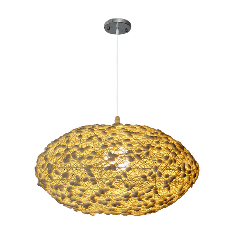 Asian 1-Bulb Hanging Lighting Beige Oval Nest Ceiling Pendant Lamp with Rattan Shade for Bedroom Clearhalo 'Ceiling Lights' 'Pendant Lights' 'Pendants' Lighting' 762627