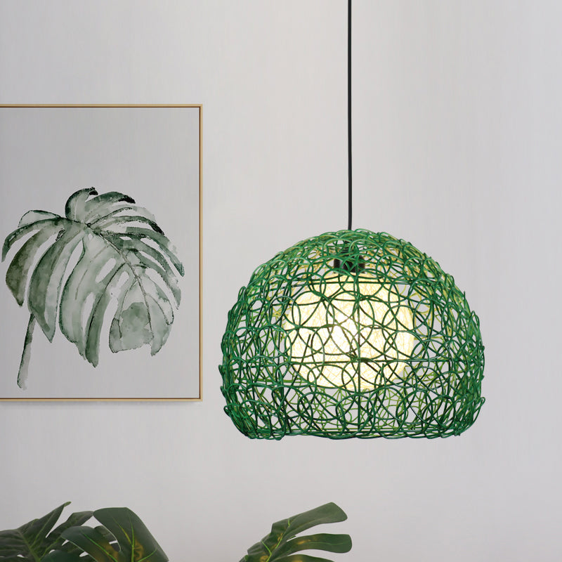 Globe Cage Hanging Light Kit Modern Rattan 1 Head Green Finish Pendant Lamp Fixture for Restaurant Green Clearhalo 'Ceiling Lights' 'Pendant Lights' 'Pendants' Lighting' 762692_b6ab630e-f931-4957-9376-1693b403290f