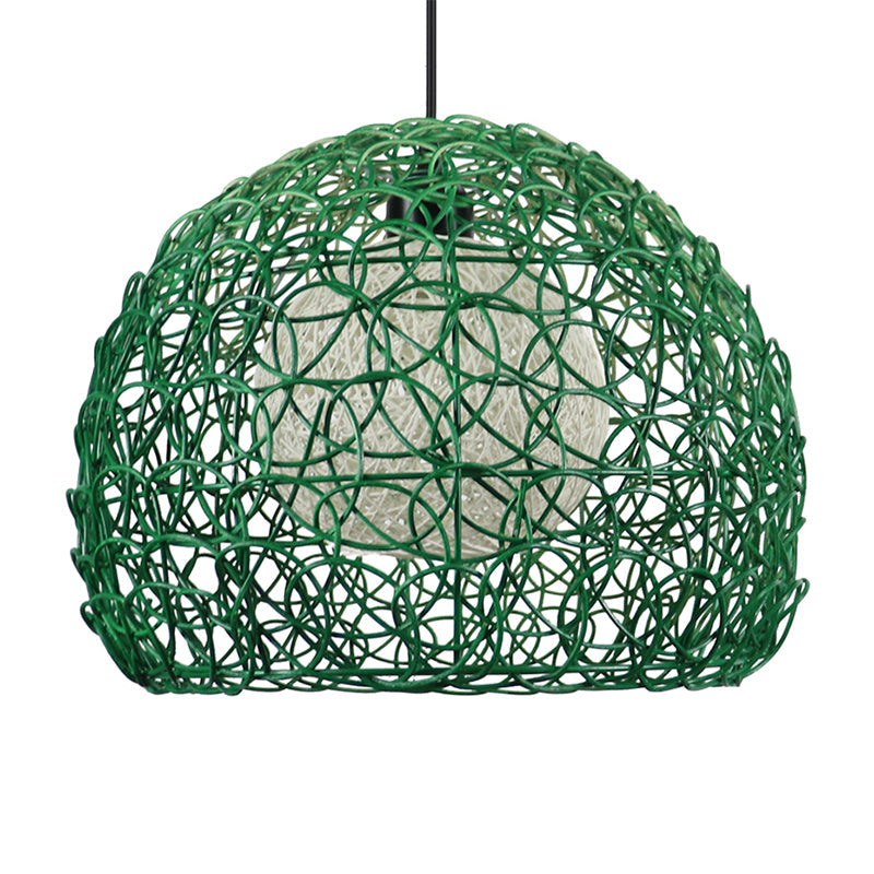 Globe Cage Hanging Light Kit Modern Rattan 1 Head Green Finish Pendant Lamp Fixture for Restaurant Clearhalo 'Ceiling Lights' 'Pendant Lights' 'Pendants' Lighting' 762694