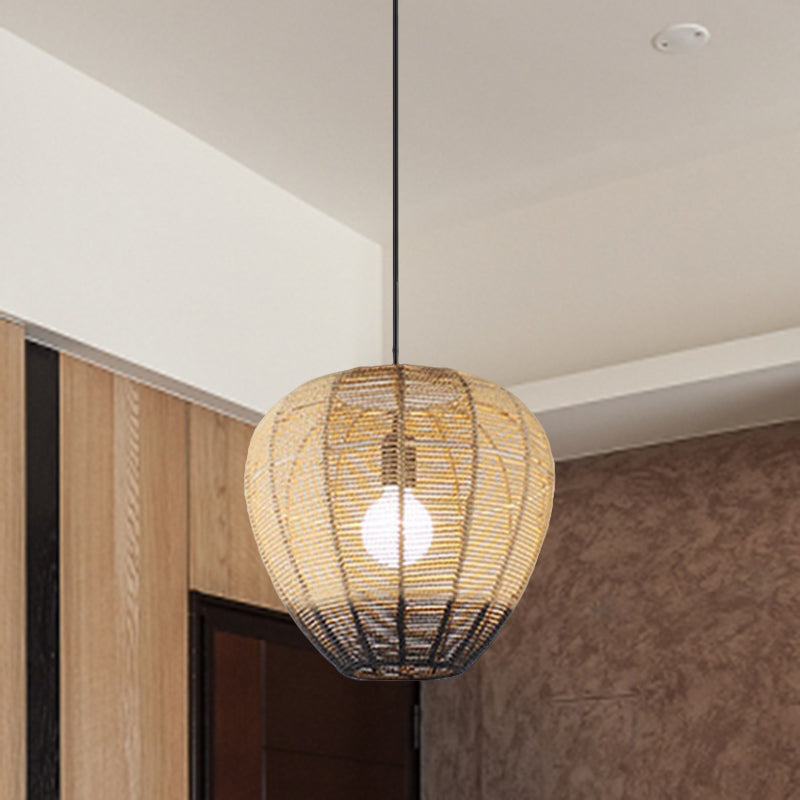 1 Light Tea Room Suspension Light Modern Wood and Black Ceiling Hang Fixture with Waterdrop Rattan Shade Clearhalo 'Ceiling Lights' 'Pendant Lights' 'Pendants' Lighting' 762697