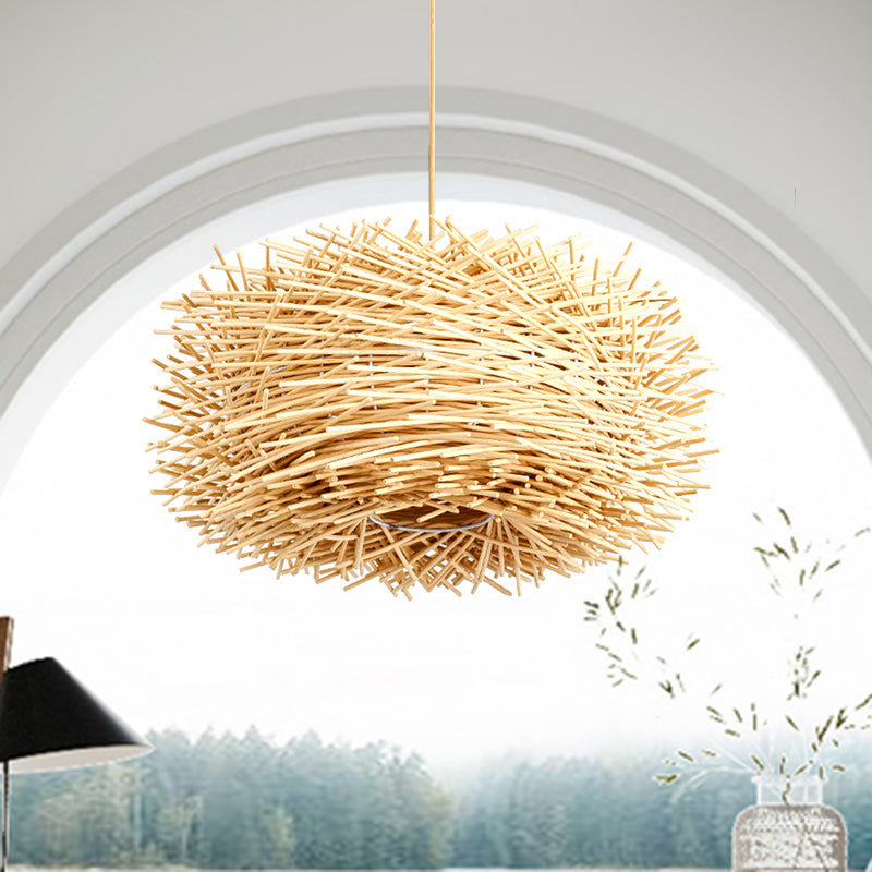 Asian 1 Bulb Ceiling Pendant Light Beige Nest Shape Hanging Lamp Kit with Rattan Shade Clearhalo 'Ceiling Lights' 'Pendant Lights' 'Pendants' Lighting' 762704