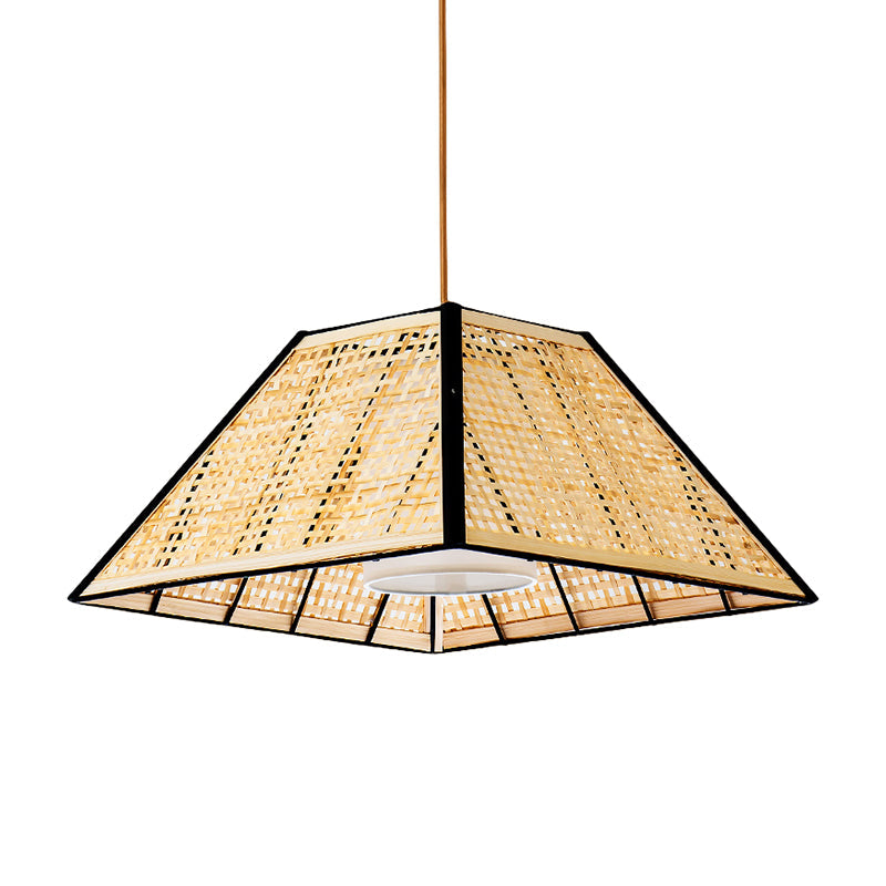 1 Head Tea House Pendulum Light Asian Beige Suspended Pendant Lamp with Pyramid Rattan Shade Clearhalo 'Ceiling Lights' 'Pendant Lights' 'Pendants' Lighting' 762714